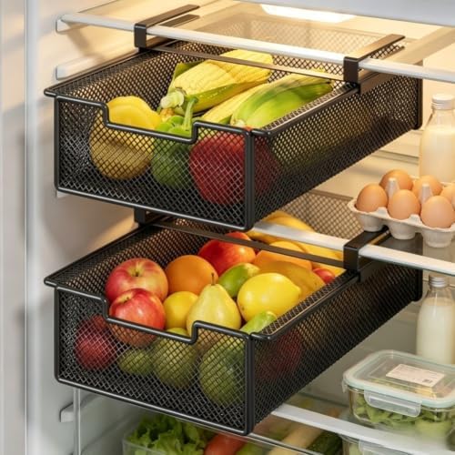 Hanging Fridge Drawer Basket 2-Pack Pull-Out Iron Organizer(Black)