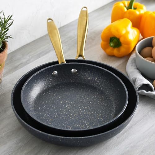 Nonstick Frying Pan Set with Silicone Glass Lids, 2-Piece 9.5inch 11inch Non Stick Granite Skillets with Hot Handle,Chef's Pan,Cooking Pan,Oven Safe Pots, Gas Induction Compatible