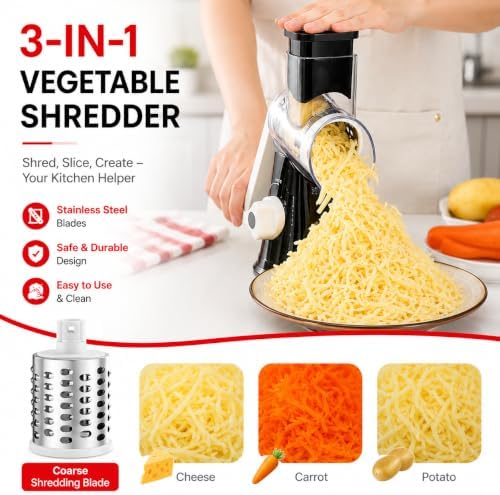 Rotary Cheese Grater with 3 Blades and Suction Base