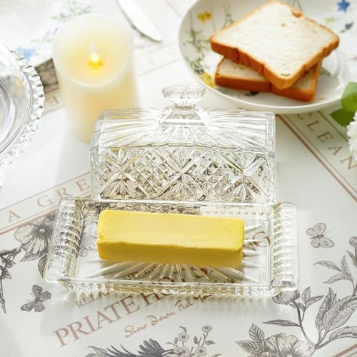 8" Crystal Covered Butter Dish for Countertop, Glass Butter Dish with