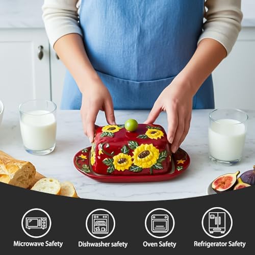 KXZ Ceramic Butter Dish with Lid – Farmhouse Sunflower Butter