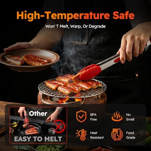 HST Non Stick Silicone Kitchen Tongs, 3 Pack 12 Inch Red BBQ Cooking