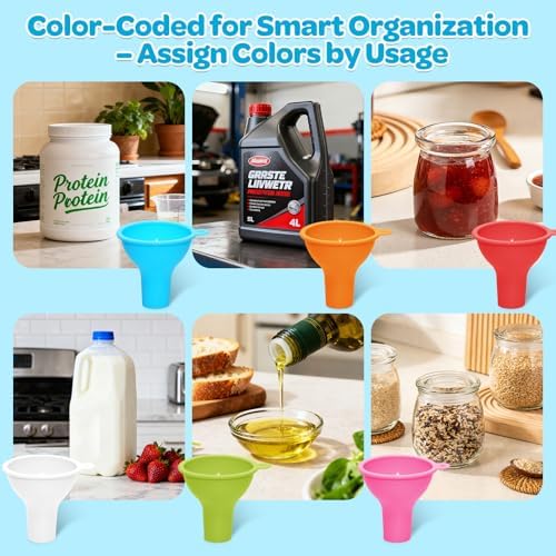 6-Piece Colorful Silicone Funnel Set for Kitchen & Cooking - Flexible