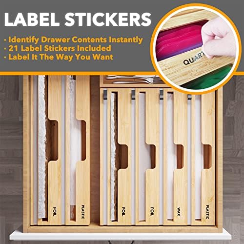 SpaceAid WrapNeat 4 in 1 Wrap Dispenser with Cutter and Labels, Plastic Wrap, Aluminum Foil and Wax Paper Dispenser for Kitchen Drawer, Bamboo Roll Organizer Holder, Compatible with 12" Roll