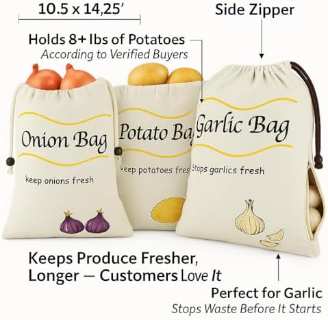 3 Pack Vegetable Storage Bags for Potatoes Onions Garlic, Drawstring