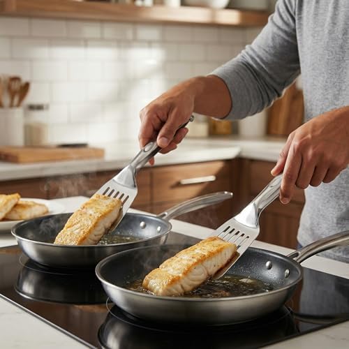Durable 304 Stainless Steel Spatula Tongs, Rust-Proof 2-in-1 Cooking