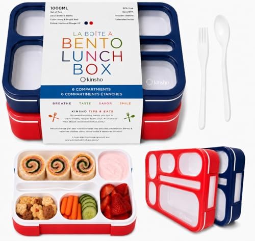 kinsho Bento Lunch Box Containers for Kids, Set of 2 (Red & Navy Blue)