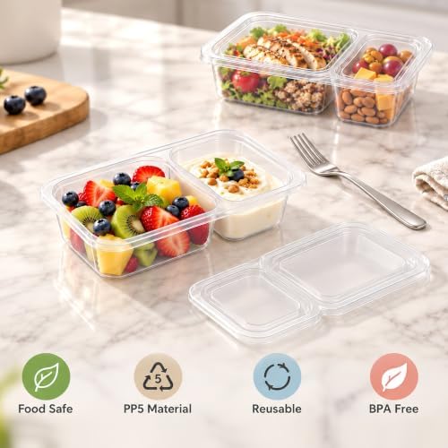HI-REEKE 9 OZ Double Compartment Snack Containers, 20 Sets Bigger