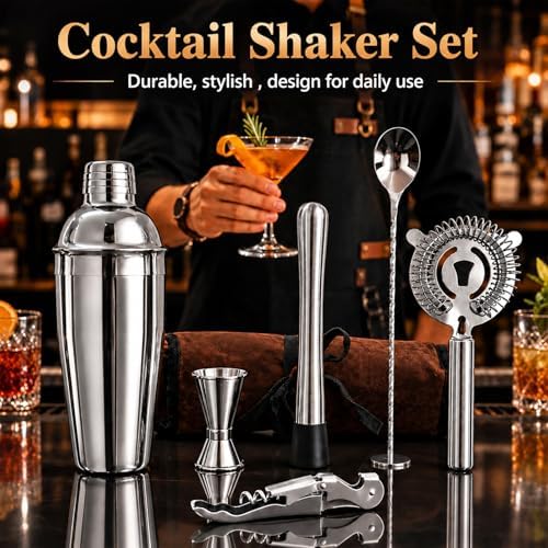 Stainless Steel Cocktail Shaker,25.4oz Bartender Kit Includes Strainer