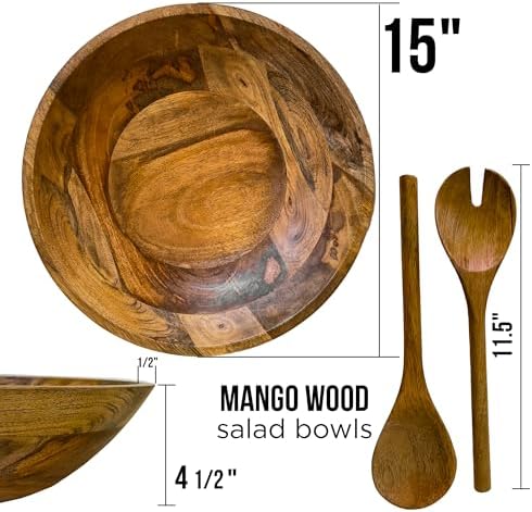 Extra Large Wooden Salad Bowl 15" with Serving Utensils - Large Wood