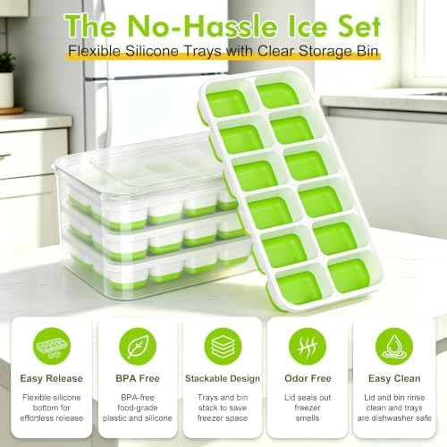 Ice Cube Tray with Lid and Bin - 4 Pack 48 Cubes Stackable Freezer