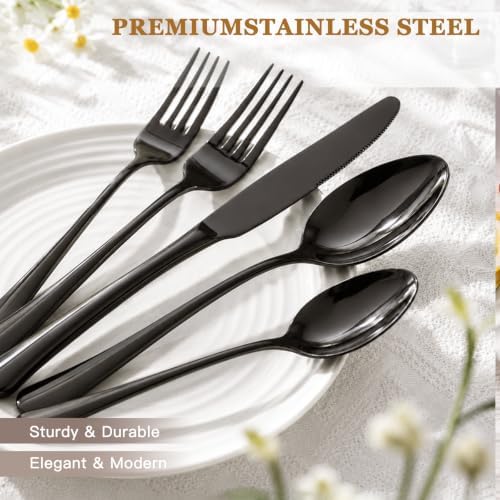 Astercook 24-Piece Black Silverware Set with Steak Knives Flatware Set