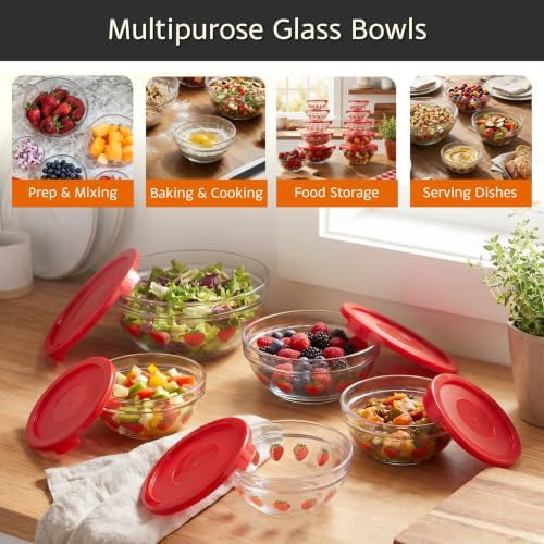 Classic Cuisine Glass Mixing Bowls with Lids, Strawberry, 10 Pack