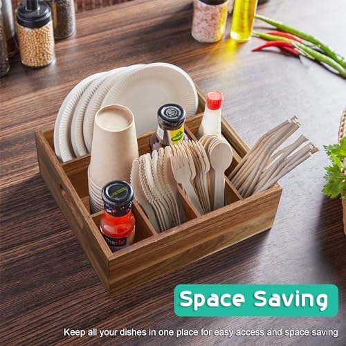 ALELION Acacia Wood Silverware Caddy, 6 Compartments
