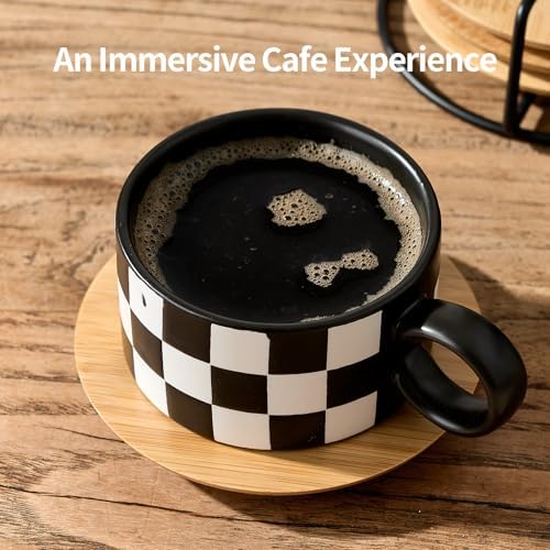 LUKA 6 Ounce Ceramic Stackable Black and White Checkered Espresso Cups