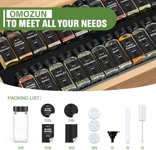 Spice Jars with Label, 24pcs 4oz Glass Spice Jars with Black Lids