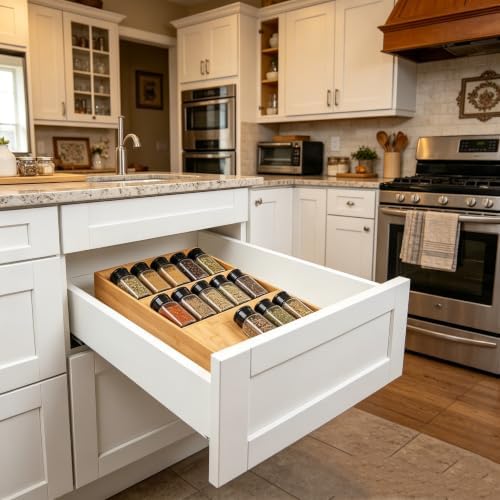 Spice Drawer Organizer for Cabinet, 3 Tier Bamboo Spice Rack Tray for