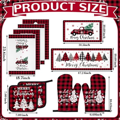 Fourluoo 10 Pcs Christmas Kitchen Decor Set, Retro Red Black Buffalo