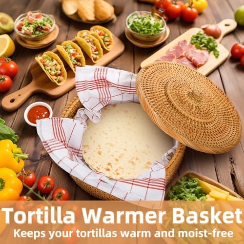 Covzoe Large Rattan Tortilla Warmer with Lid and Cotton Cloth