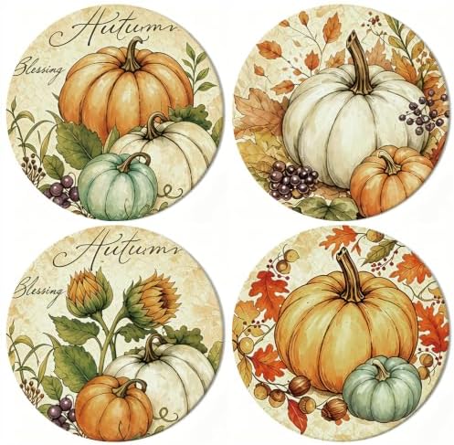 Whaline 4Pcs Fall Thanksgiving Coasters Vintage Autumn Pumpkin Ceramic