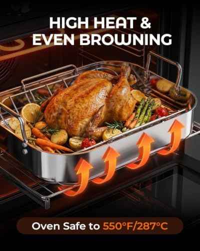 Stainless Steel Turkey Roasting Pan with rack, Up to 24 lb turkey