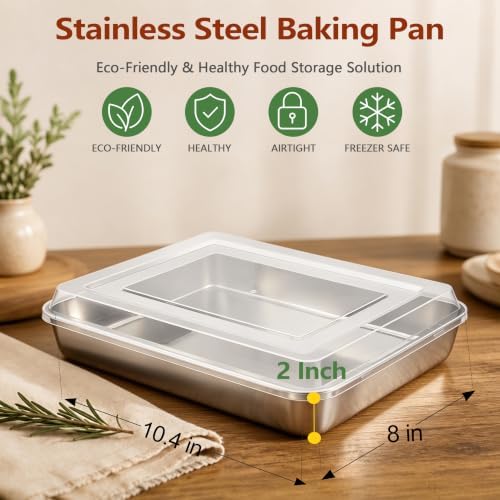 E-far Stainless Steel Baking Pan with Lid, 10.4 x 8 x 2 Inch for Cake