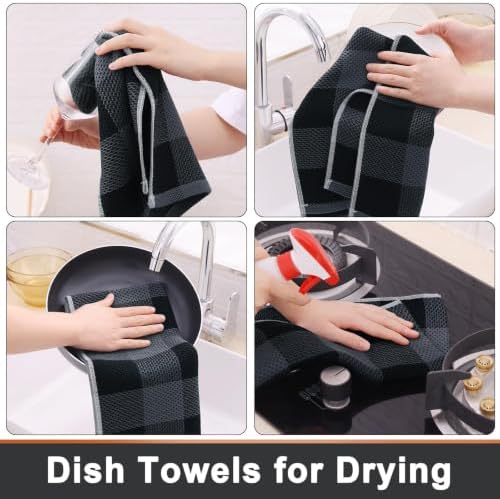 Mordimy 100% Cotton Kitchen Towels and Dishcloths Set of 6, Black &