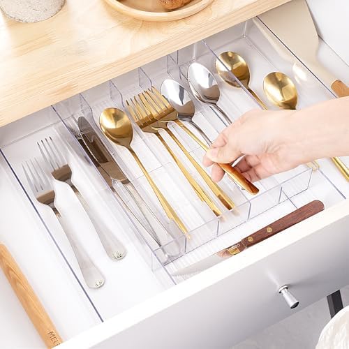 HOMEE Acrylic Expandable Kitchen Drawer Organizer for Flatware and