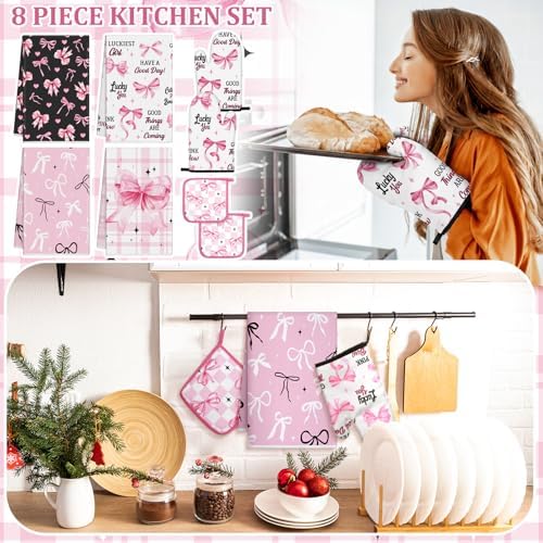 Fourluoo 8 Pcs Pink Bow Kitchen Towels Oven Mitts and Pot Holders Sets
