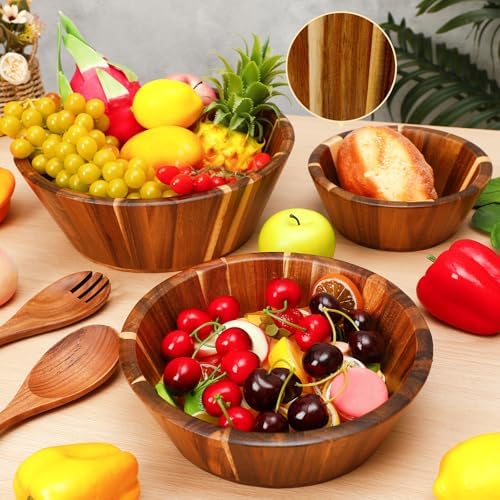Yunlly Wooden Salad Bowl Set of 5 Acacia Wood with Utensils, Round