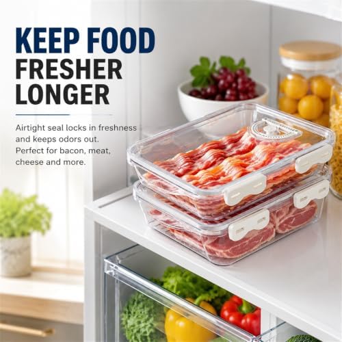 Okllen 2 Pack Bacon Container for Refrigerator, Plastic Cheese & Deli