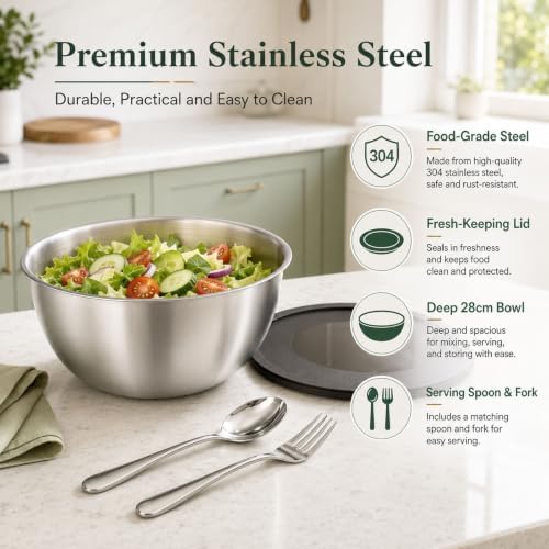Salad Bowl Set, Stainless Steel Mixing Bowl with Lid, Dishwasher Safe