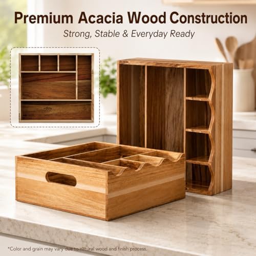 Utensil Caddy, Acacia Wood Utensil Holder for Party, 6 Compartment