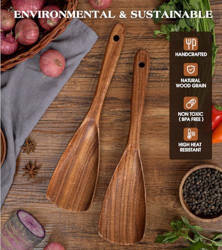 2Pcs Wooden Spatula Spoon, Multifunction Cooking Spoon for Nonstick