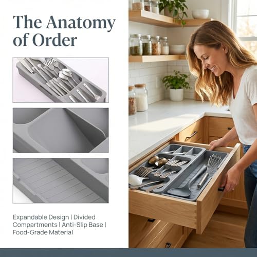 Flexible Silicone Utensil Drawer Organizer, Large Capacity Cutlery