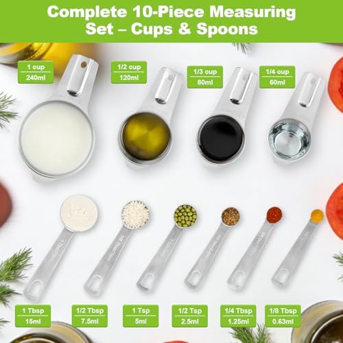 Stainless Steel Measuring Cups and Spoons Set of 10, Nesting Measuring Cup Set - 4 Cups 6 Spoons, Stackable Measure Cup Spoon Set for Dry & Liquid,Dishwasher Safe Kitchen Tools Cooking Baking Supplies