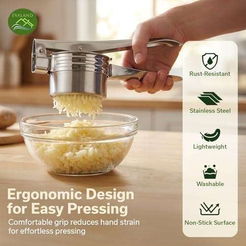 EVALAND Stainless Steel Potato Ricer and Masher - With 3