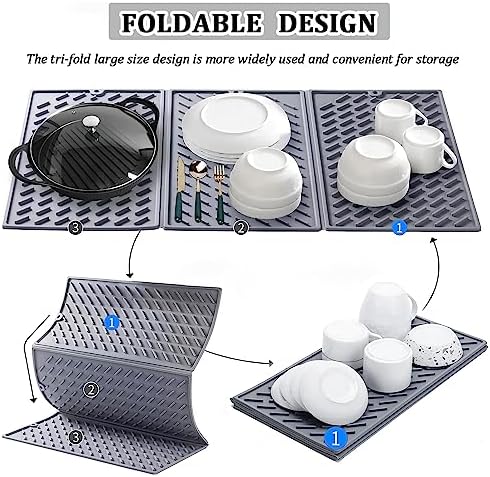 Silicone Dish Drying Mat for Kitchen Counter, Collapsible Trifold