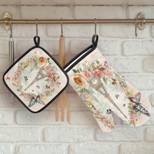 Paris Eiffel Towel Butterfly Rose Oven Mitts and Pot Holders BBQ