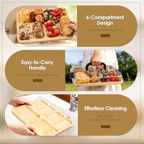 Kochorie 10 Pieces Portable Bamboo Cheese Board Set Charcuterie Board with Lid and Handle, Knife Set Meat Fruit Serving Tray Platter for Travel Picnic Kitchen House Warming Gifts (Rectangular)