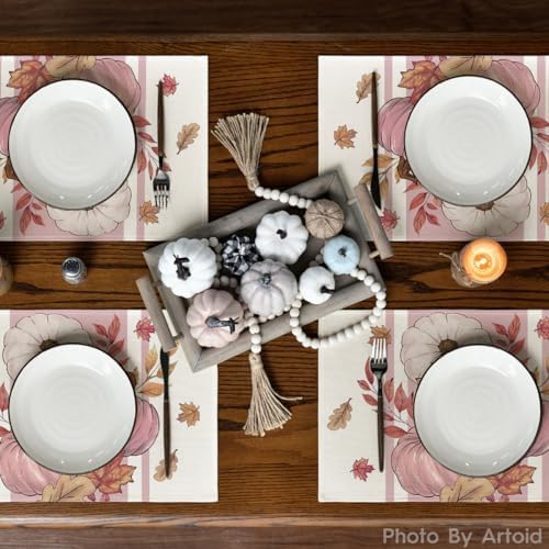 Artoid Mode Pink Pumpkin Maple Leaf Fall Placemats Set of 4-12