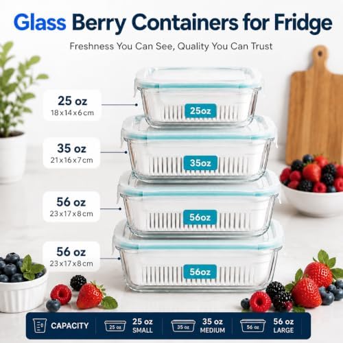 4 Pack Glass Berry Storage Containers for Fridge