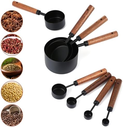 Stainless Steel Measuring Cups Set and Measuring Spoons Wooden Handle
