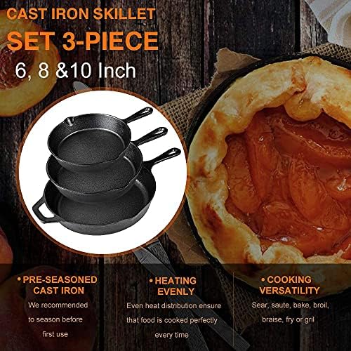 Suteck Cast Iron Skillets 3-Piece Set, 6", 8" & 10" Pre-Seasoned Pan Set