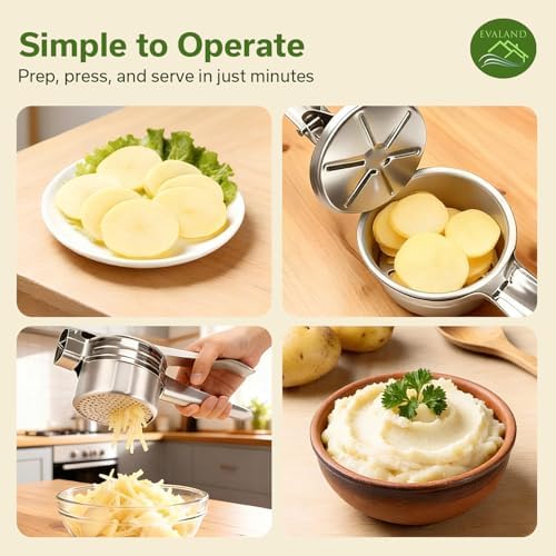 EVALAND Stainless Steel Potato Ricer and Masher - With 3
