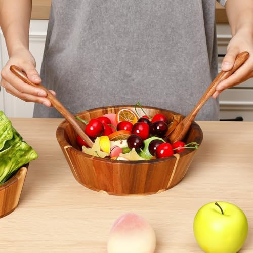Yunlly Wooden Salad Bowl Set of 5 Acacia Wood with Utensils, Round