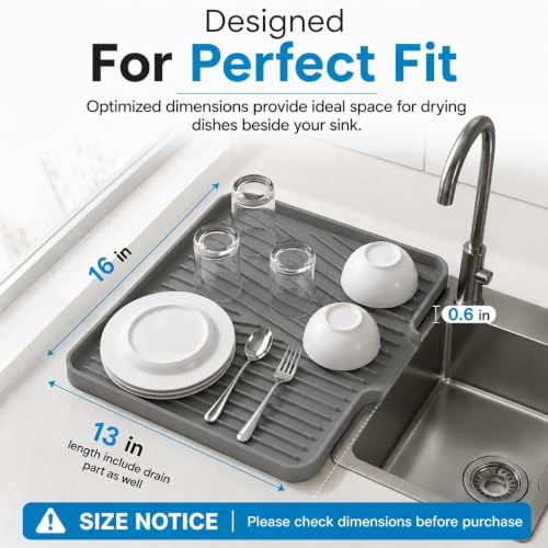 Silicone Dish Drying Mat 16" x 13", Built-In Drain, Non-Slip, Gray
