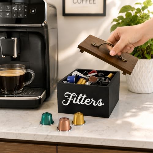 Yarlung Coffee Filters Holder with Lid, Square Wooden Coffee Pods