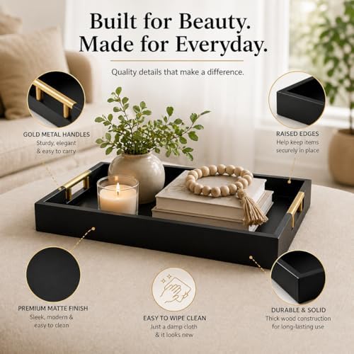 Luxury Black Ottoman Tray with Gold Handles – 12x17 Large Decorative