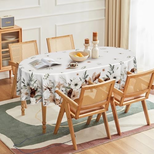 Horaldaily Tablecloth 60×84 Inch Oval, Peony Poppy Flower Brown
